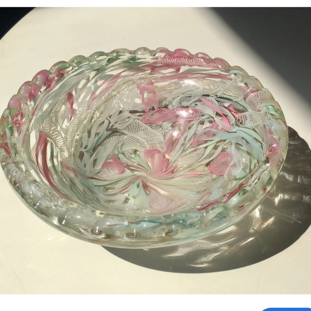 Murano Glass Bowl Italian Art Glass Tutti Frutti Pastel Zanfirico Vintage 8 inch